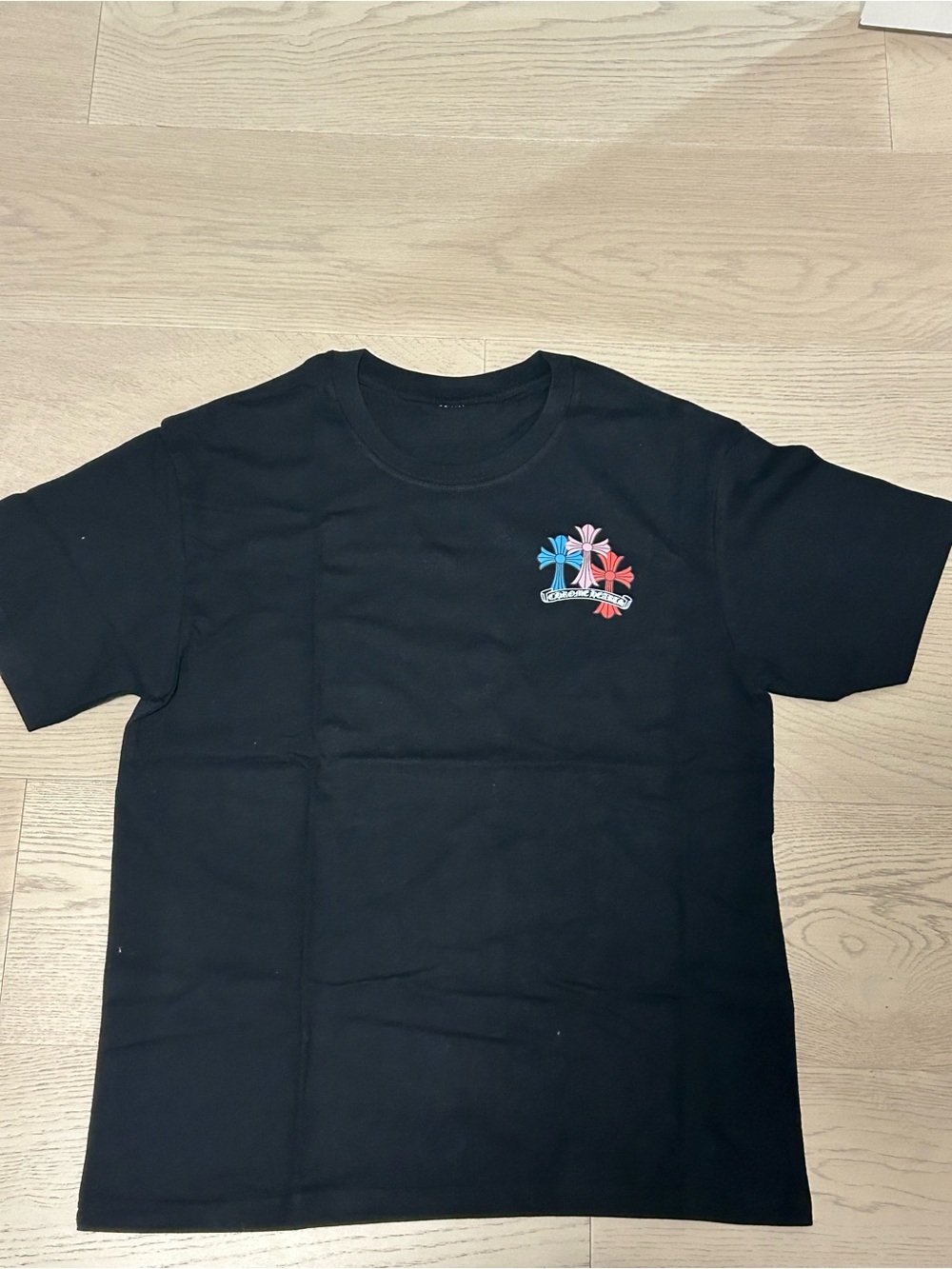 Black Short-Sleeve Tee with Red & Blue Floral Accent